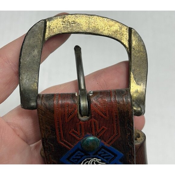 Western Saddle Leather Belt 32 Hand Painted Tooled Embossed Aztec Brass Buckle - Picture 3 of 14
